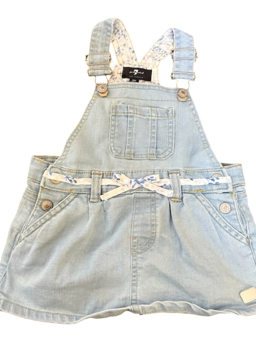 7 For All Mankind Light Blue Denim Overall Dress with White Floral Tee - Picture 3 of 7